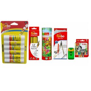 Funbo Glue Stick 8 Gm + 1 Ea + Math Set 9 Pcs + Hb Pencil + 24 Color Pencil + Sharpener